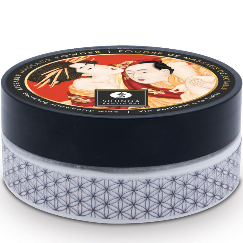 Boitier rond de poudre de massage comestible Shunga, couvercle noir a motif geometrique, poudre seche sans residu gras pour un massage sensuel gourmand sur peaux sensibles.