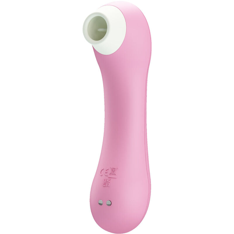 Stimulateur clitoridien a succion rose, embout d'aspiration blanc et corps galbe en silicone, vue de face sur fond blanc, 7 modes sans contact rechargeable