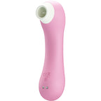 Stimulateur clitoridien a succion rose, embout d'aspiration blanc et corps galbe en silicone, vue de face sur fond blanc, 7 modes sans contact rechargeable