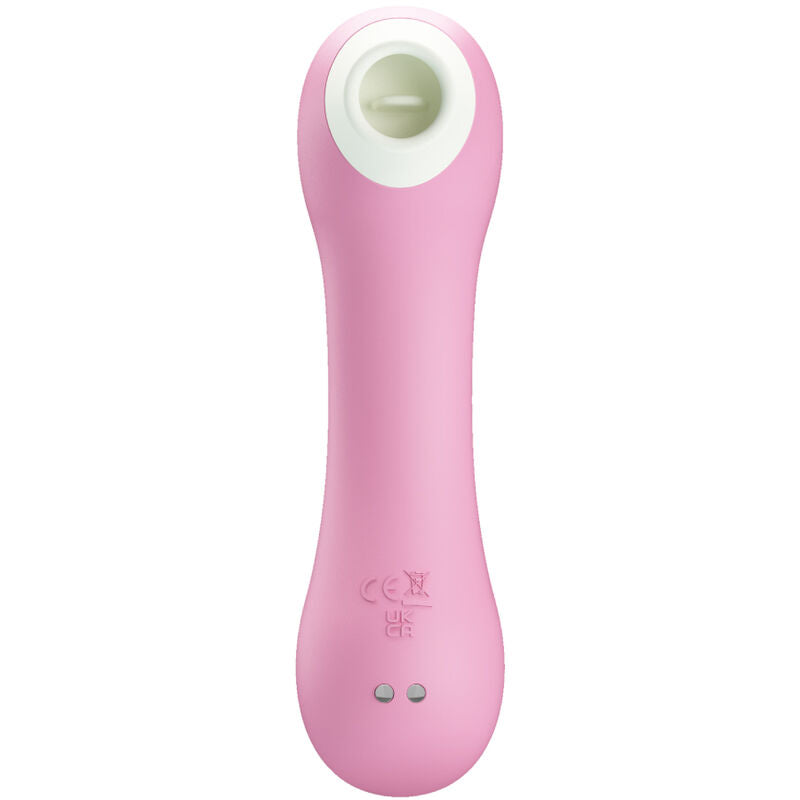 Stimulateur clitoridien par aspiration rose vu de trois-quarts, embout de succion blanc et boutons de commande, silicone doux, 7 modes de caresse silencieux