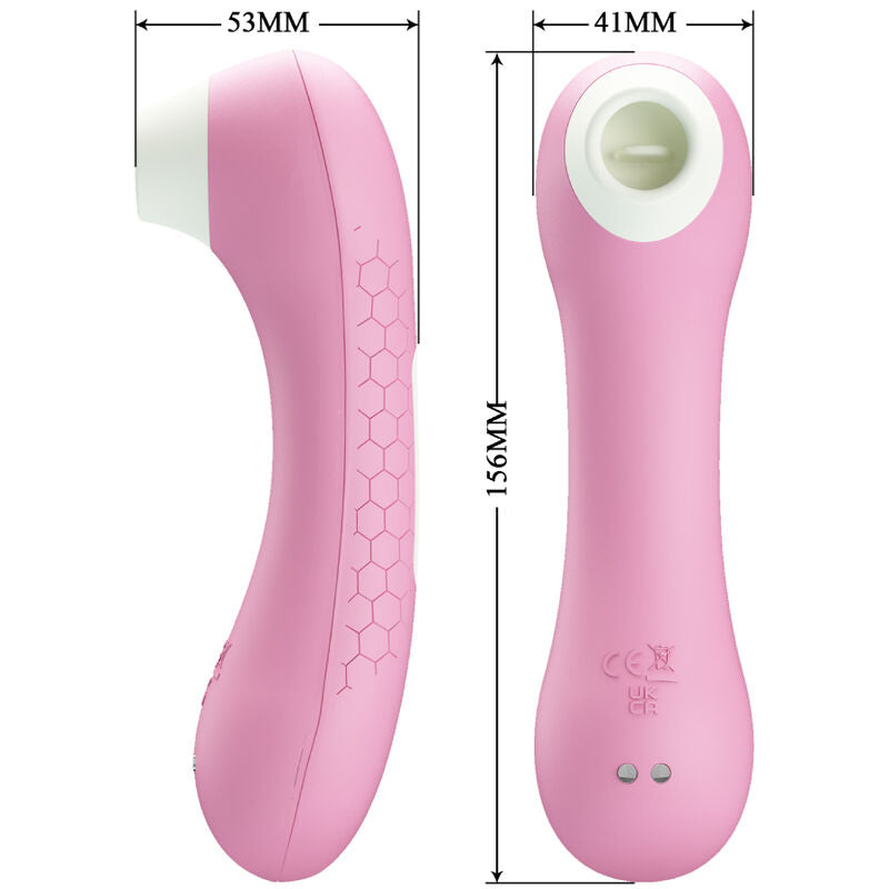 Schema coté du stimulateur clitoridien succion rose avec cotes 53 mm, 41 mm et 156 mm, embout d'aspiration et corps texture en silicone, 7 modes