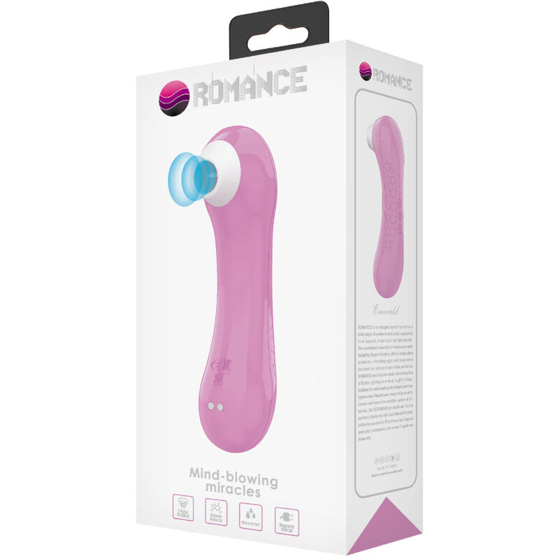 Boite Romance du stimulateur clitoridien par aspiration rose, illustration de l'embout d'aspiration et mention mind-blowing miracles, silicone rechargeable