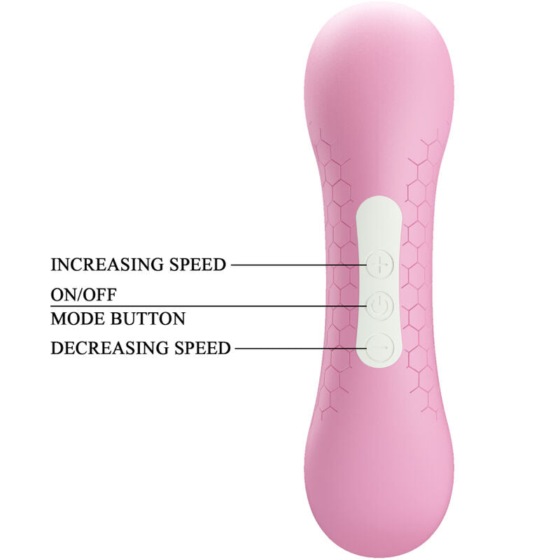 Stimulateur clitoridien rose vu de face avec legende des boutons vitesse, marche-arret et mode, panneau de commande texture en silicone, 7 modes succion