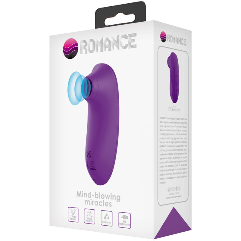Boite Romance du mini stimulateur clitoridien violet, illustration de l'embout d'aspiration et mention mind-blowing miracles, silicone ultra-compact