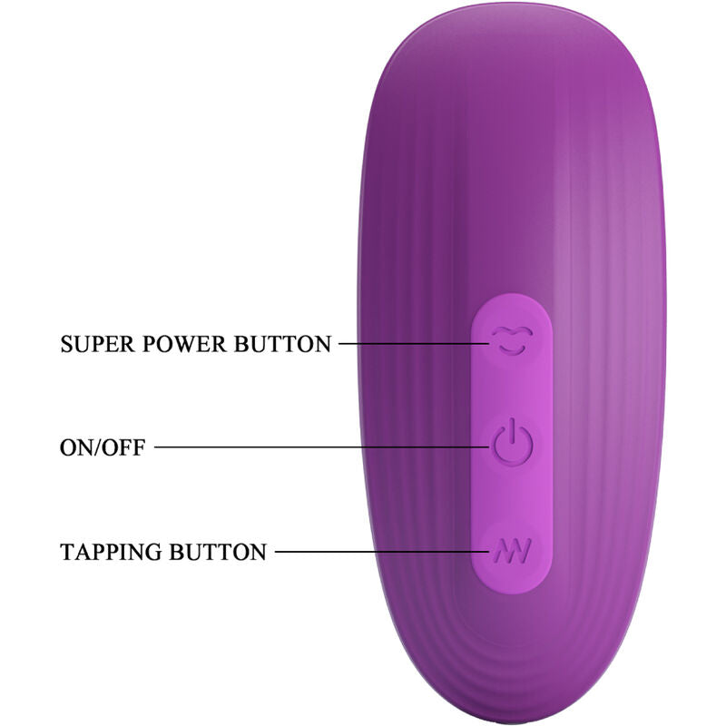 Mini stimulateur clitoridien violet de dos avec legende super power, marche-arret et tapping, corps strié en silicone, 7 modes d'aspiration discrets