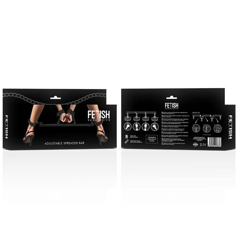 Boite Fetish Submissive de la barre d'ecartement reglable, packaging noir face et dos presentant le kit bondage metal modulable sans nickel de 41 a 62 cm