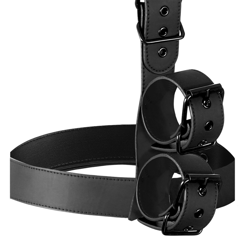 Set Fetish Submissive collier et double manchette de poignets en cuir synthetique a plat, boucles metal sans nickel reglables, kit de retenue corps pour le bondage