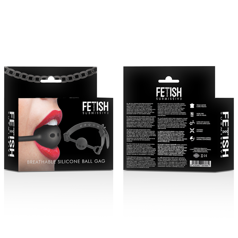 Packaging Fetish Submissive du baillon-balle silicone respirant, boite face et dos avec descriptifs et pictogrammes, presentation du gag ball cuir vegan a degagement rapide