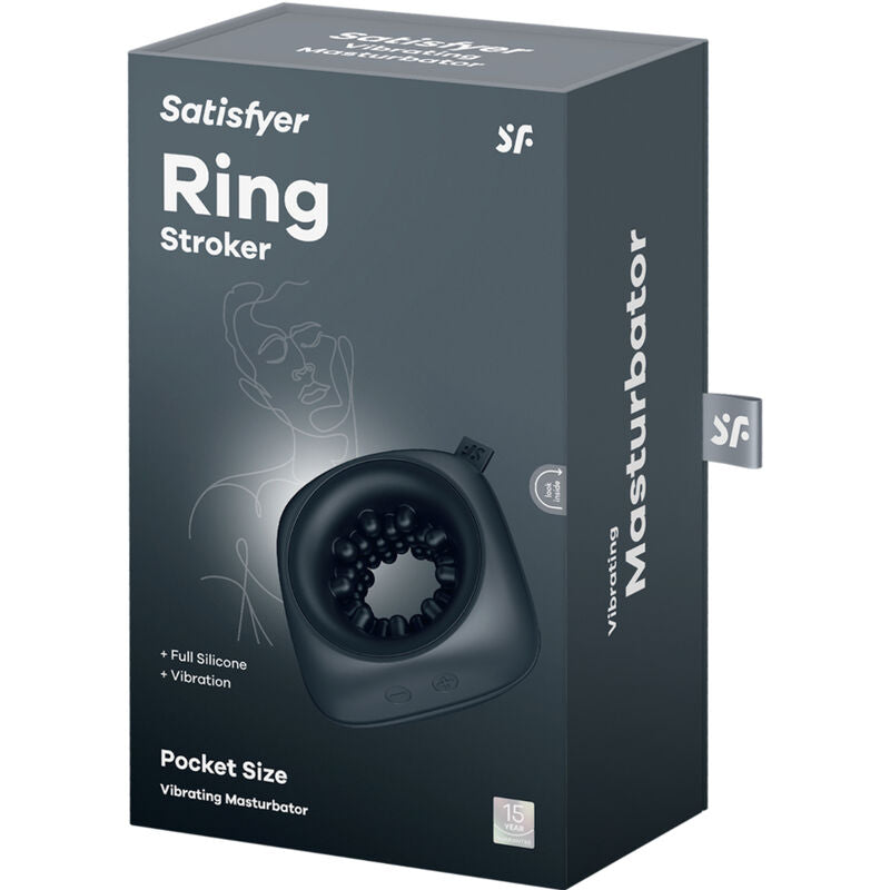 Boîte grise Satisfyer Ring Stroker Vibrating Masturbator, visuel du manchon anneau et mention Pocket Size. Emballage du masturbateur silicone compact.
