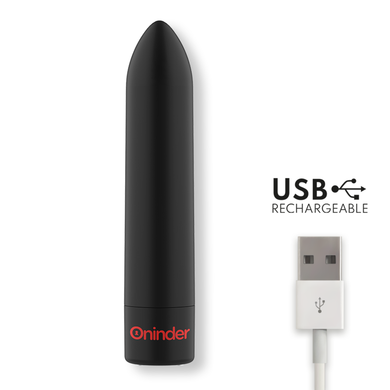 Vibromasseur bullet Berlin noir vu de profil presente avec son cable de recharge USB, forme allongee lisse en silicone, 9 modes de vibration.