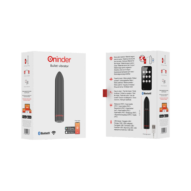 Emballage du bullet vibrator Berlin Oninder vu recto et verso, illustration du mini vibromasseur, specifications techniques et compatibilite Bluetooth.