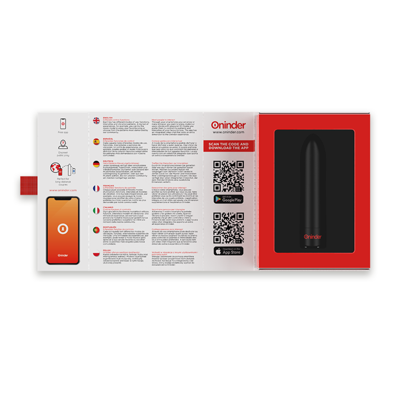 Coffret rouge ouvert du bullet Berlin Oninder avec notice multilingue, QR code application et le mini vibromasseur noir loge dans son ecrin de presentation.