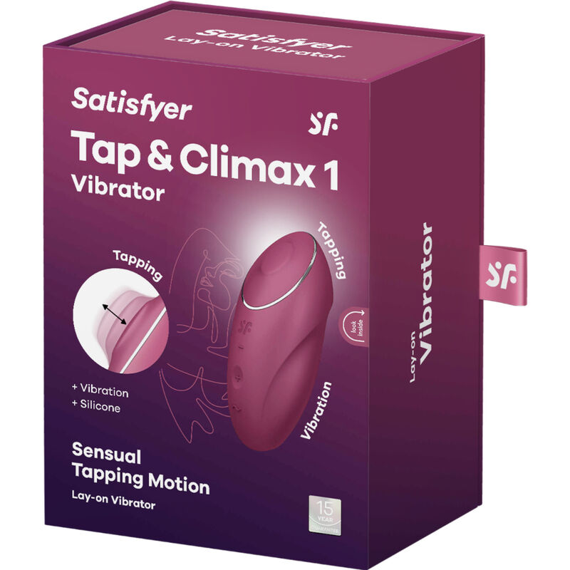 Boîte framboise Satisfyer Tap & Climax 1 Vibrator, visuel du stimulateur rouge et mention Sensual Tapping Motion. Emballage du clitoridien à poser.