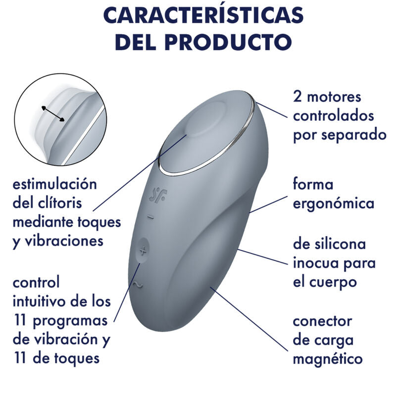 Schéma annoté du Tap & Climax 1 gris : deux moteurs séparés, forme ergonomique, 11 programmes, port magnétique. Vibromasseur clitoridien Satisfyer, légende espagnole.