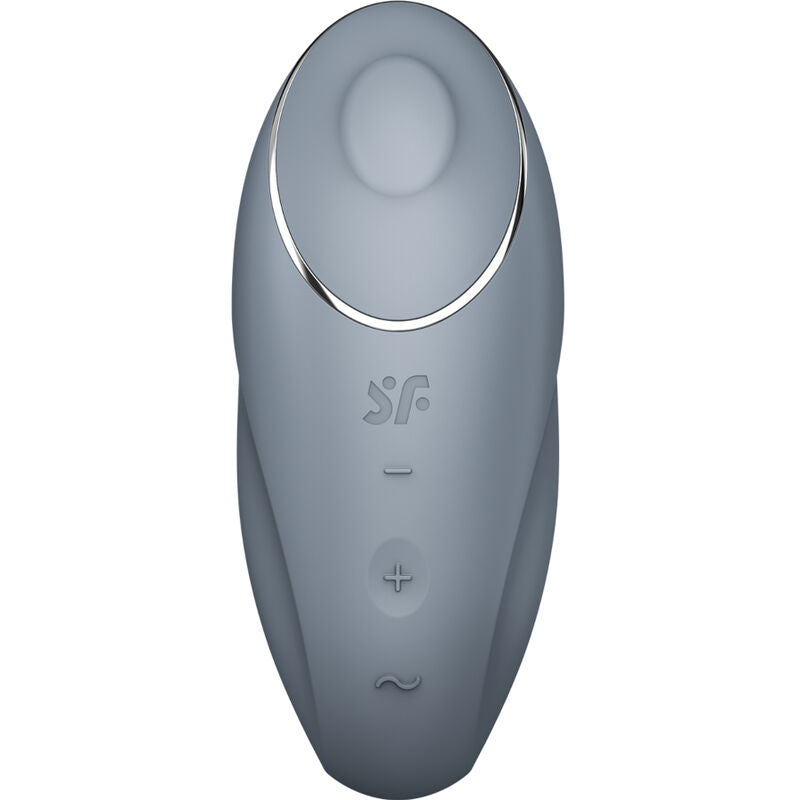 Vibromasseur Tap & Climax 1 gris vu de face, ovale ergonomique et commandes plus-moins. Stimulateur clitoridien à poser Satisfyer, 11 modes, silicone IPX7.