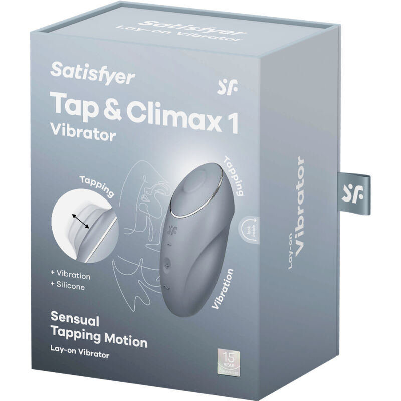 Boîte grise Satisfyer Tap & Climax 1 Vibrator, visuel du stimulateur gris et mention Sensual Tapping Motion. Emballage variante coloris gris à poser.