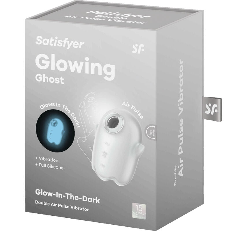 Boîte grise Satisfyer Glowing Ghost Air Pulse Vibrator, visuel du stimulateur fantôme et mention Glow-In-The-Dark. Emballage clitoridien à aspiration.