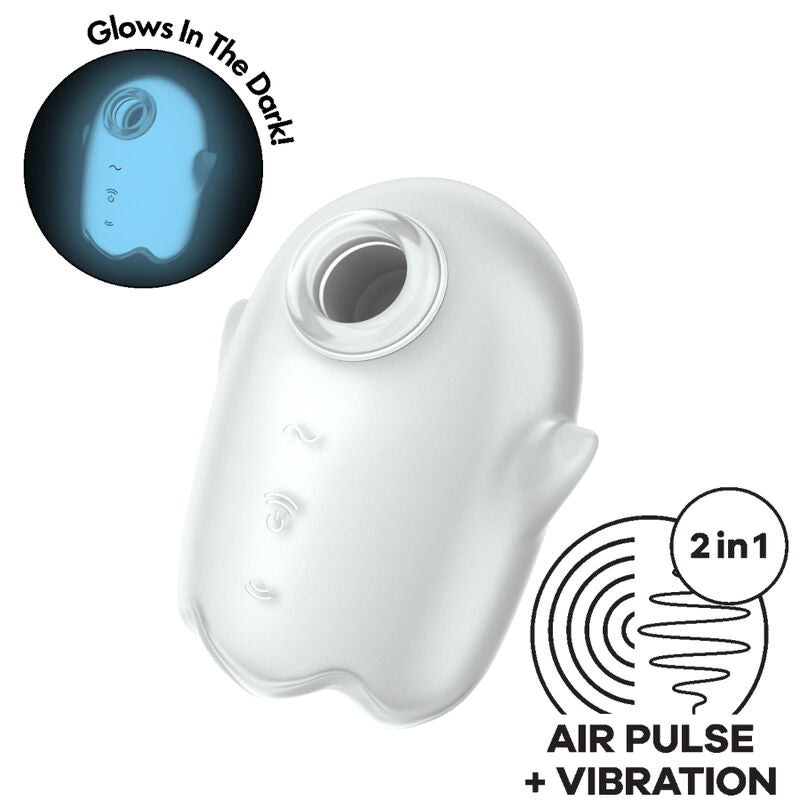 Vibromasseur clitoridien Air Pulse Satisfyer blanc translucide façon fantôme, embout d'aspiration rond. Silicone fluorescent glow-in-the-dark, étanche IPX7.
