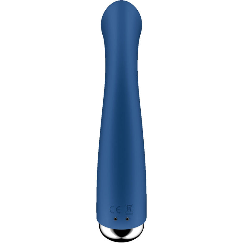 Vibromasseur point G Spinning G-Spot 1 bleu debout, tige élancée lisse à tête arrondie. Stimulateur Satisfyer 12 modes plus rotation, silicone rechargeable.