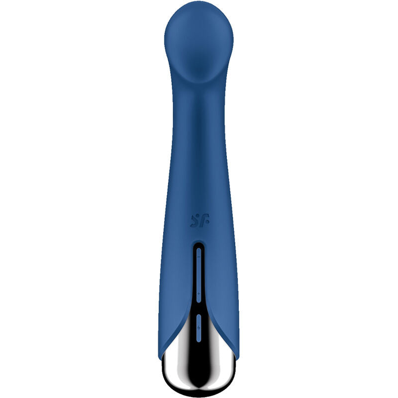 Vibromasseur point G Spinning G-Spot 1 bleu vu droit, col fin et tête bombée, base chromée. Variante coloris bleu du stimulateur rotatif Satisfyer, étanche.