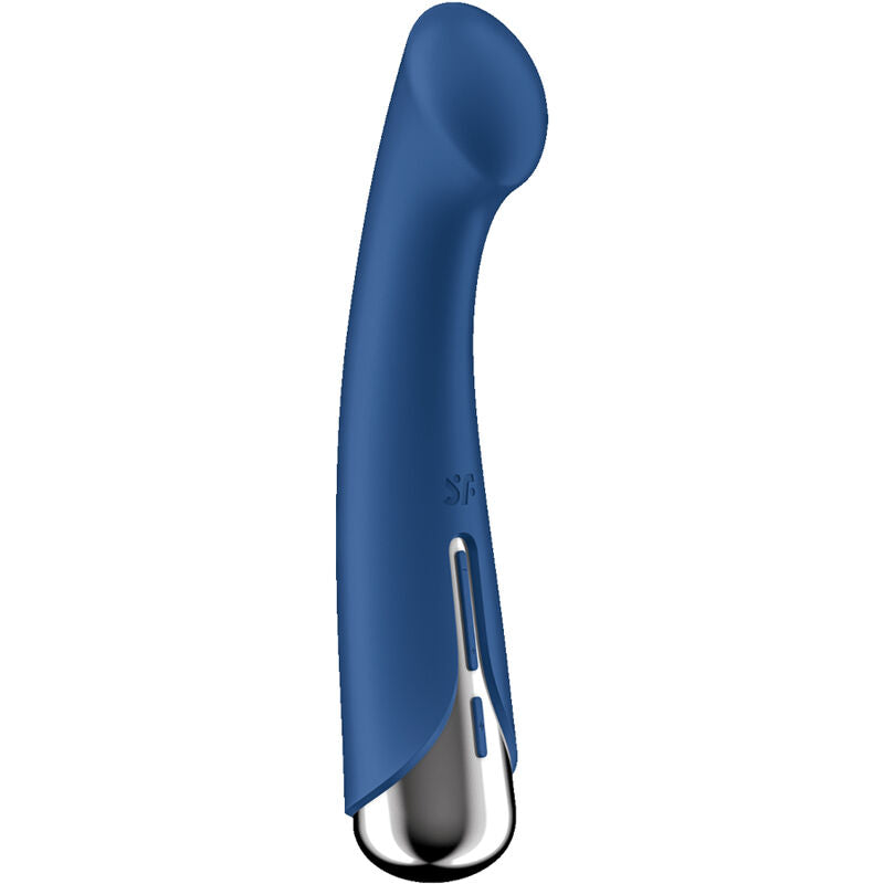 Vibromasseur point G Spinning bleu de profil, courbe ergonomique vers la pointe aplatie et embout argenté. Silicone doux Satisfyer, vibration et rotation.
