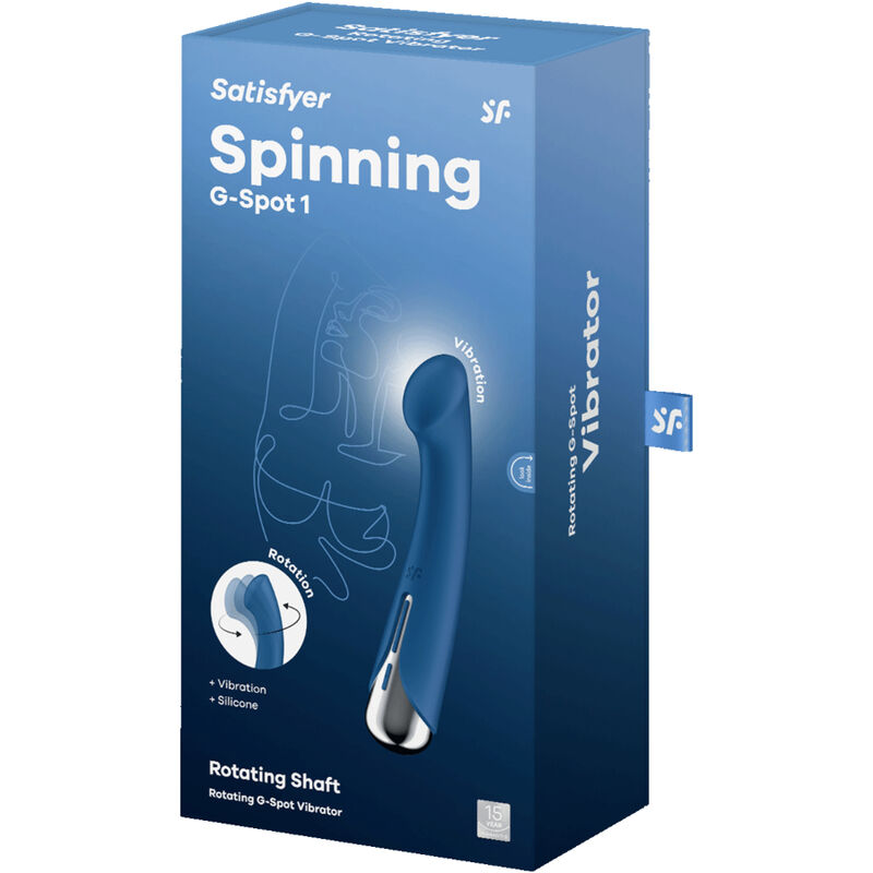 Boîte bleu nuit Satisfyer Spinning G-Spot 1 Vibrator, visuel du vibromasseur bleu et mention Rotating Shaft. Emballage variante coloris bleu point G.
