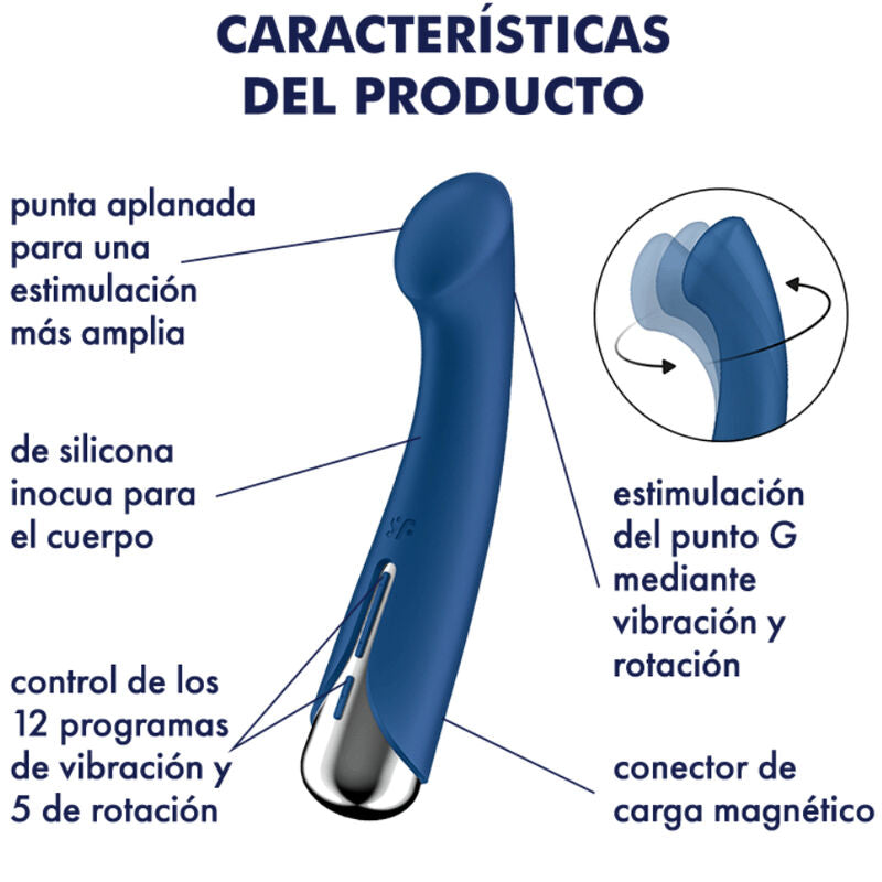 Schéma annoté du Spinning G-Spot 1 bleu : pointe aplatie, silicone, 12 programmes plus 5 de rotation, port magnétique. Vibromasseur point G Satisfyer, légende espagnole.