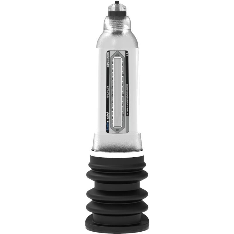 Pompe penienne hydraulique Bathmate Hercules en acrylique transparent vue de profil, soufflet noir de compression et cylindre gradue pour developpement progressif a l'eau