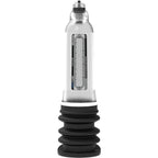 Pompe penienne hydraulique Bathmate Hercules en acrylique transparent vue de profil, soufflet noir de compression et cylindre gradue pour developpement progressif a l'eau