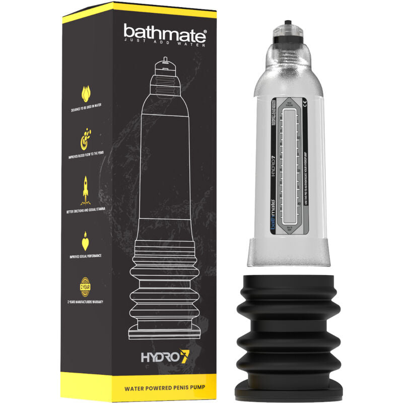 Boite Bathmate Hydro7 et pompe penienne hydraulique Hercules en acrylique transparent, soufflet noir, vue de face montrant le cylindre gradue pour usage en baignoire ou douche