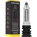 Boite Bathmate Hydro7 et pompe penienne hydraulique Hercules en acrylique transparent, soufflet noir, vue de face montrant le cylindre gradue pour usage en baignoire ou douche