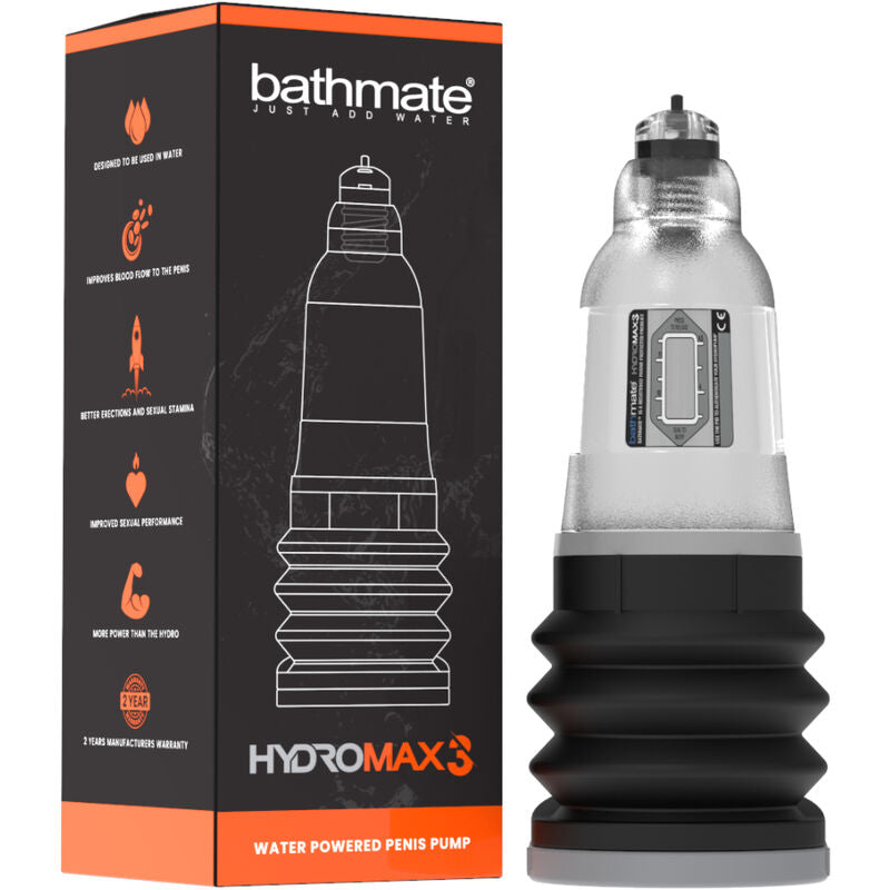 Coffret Bathmate Hydromax 3 avec pompe penienne en acrylique transparent pour insertion de 3 a 8 cm, soufflet noir et cylindre gradue a pression hydraulique sure