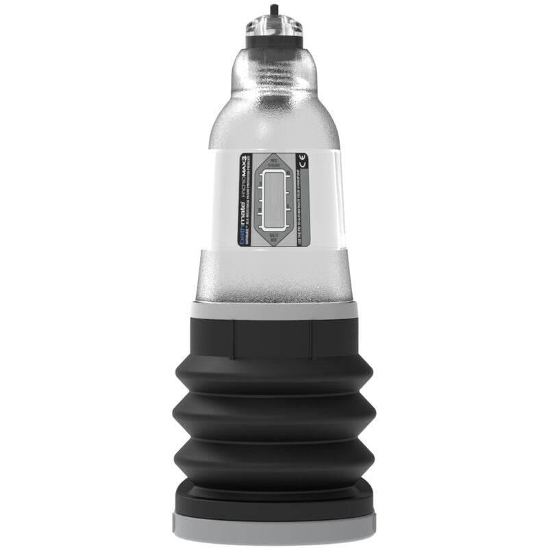 Pompe penienne Bathmate Hydromax 3 en acrylique transparent vue de face, petit cylindre gradue et soufflet noir adaptee aux morphologies compactes, usage a l'eau