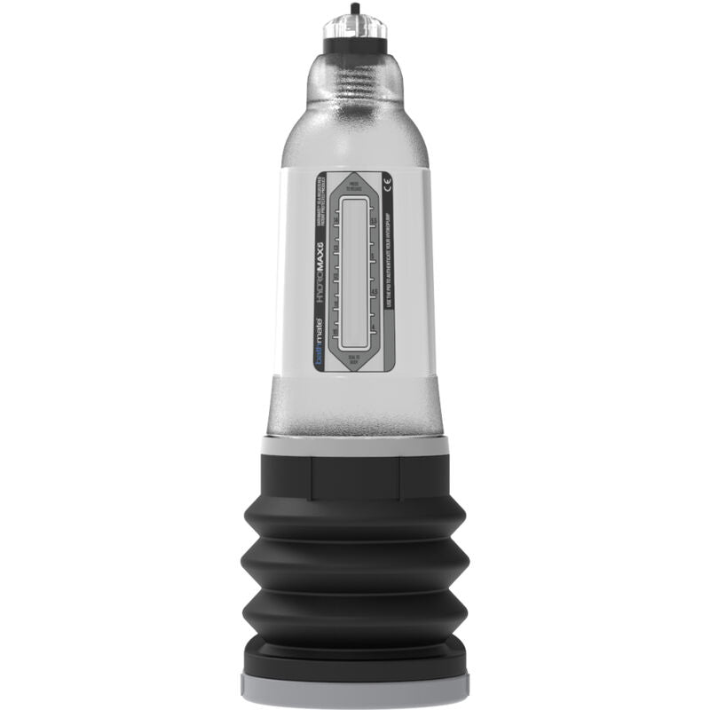Pompe penienne hydraulique Bathmate Hydromax 5 en acrylique transparent, vue de face, cylindre gradue et soufflet noir pour utilisation en baignoire ou sous la douche