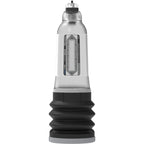 Pompe penienne hydraulique Bathmate Hydromax 5 en acrylique transparent, vue de face, cylindre gradue et soufflet noir pour utilisation en baignoire ou sous la douche
