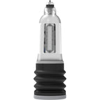 Pompe penienne Bathmate Hydromax 7 Wide Boy en acrylique transparent vue de profil, large cylindre gradue et soufflet noir pour augmenter la circonference
