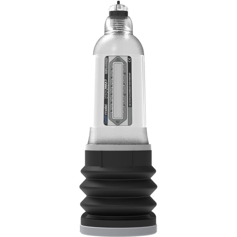 Pompe penienne Bathmate Hydromax 7 Wide Boy en acrylique transparent vue de profil, large cylindre gradue et soufflet noir pour augmenter la circonference