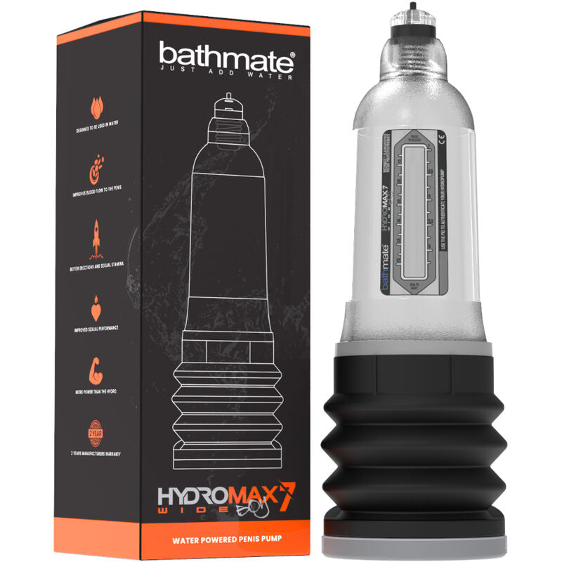 Coffret Bathmate Hydromax 7 Wide Boy avec pompe penienne transparente concue pour la circonference, soufflet noir et cylindre gradue de 7 pouces a pression progressive