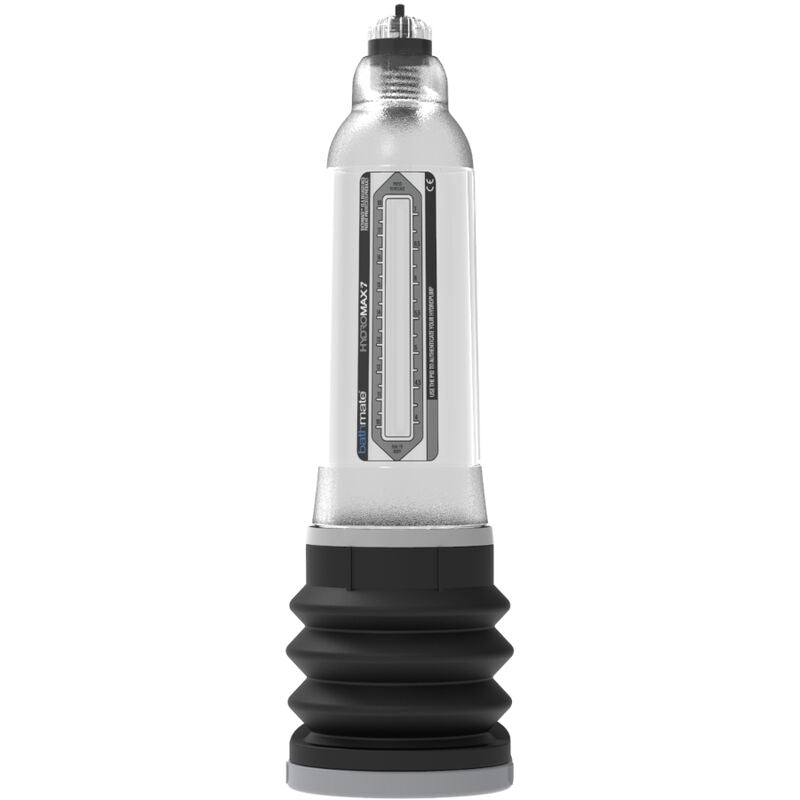 Pompe penienne Bathmate Hydromax 7 en acrylique transparent vue de face, cylindre gradue et soufflet noir, valve d'arret unilaterale pour pression d'eau controlee
