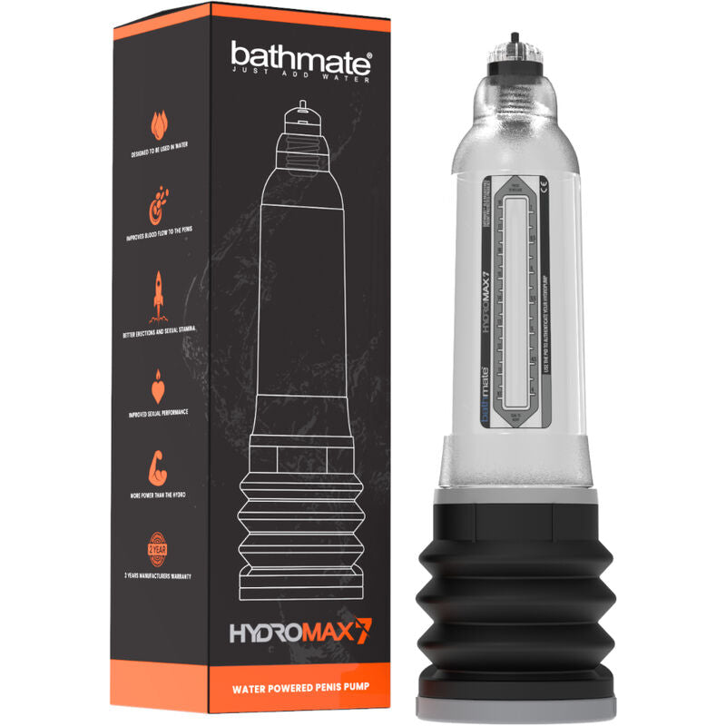 Coffret Bathmate Hydromax 7 avec pompe penienne transparente fonctionnant a la pression d'eau, soufflet noir et anneau confort pour usage en bain ou douche
