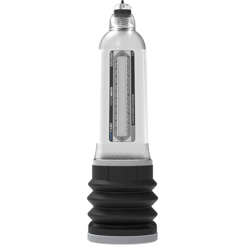 Pompe penienne Bathmate Hydromax 9 en ABS transparent vue de profil, cylindre gradue jusqu'a 23 cm et soufflet noir pour developpement penien par hydrotechnologie