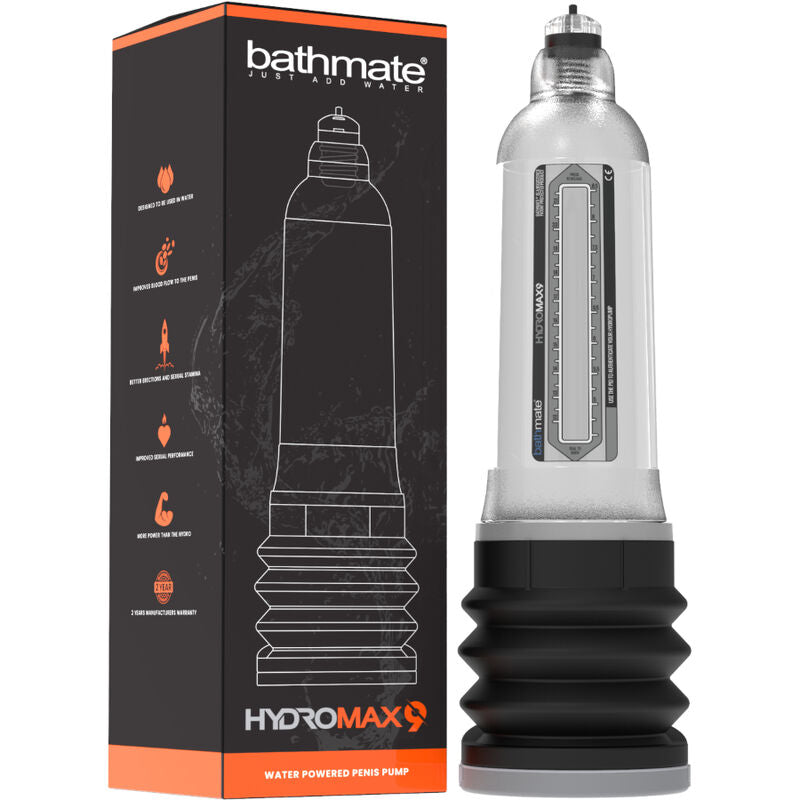 Coffret Bathmate Hydromax 9 avec pompe de developpement penien en ABS transparent, soufflet noir et echelle, hydrotechnologie avancee a rotation 360 degres