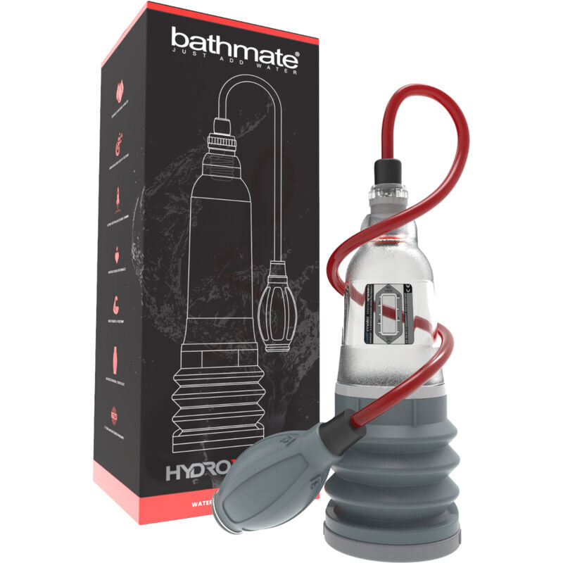 Coffret Bathmate Hydroxtreme 3 avec pompe penienne en acrylique transparent pour micropenis, poire de handball rouge et soufflet gris pour pression maximale en eau chaude