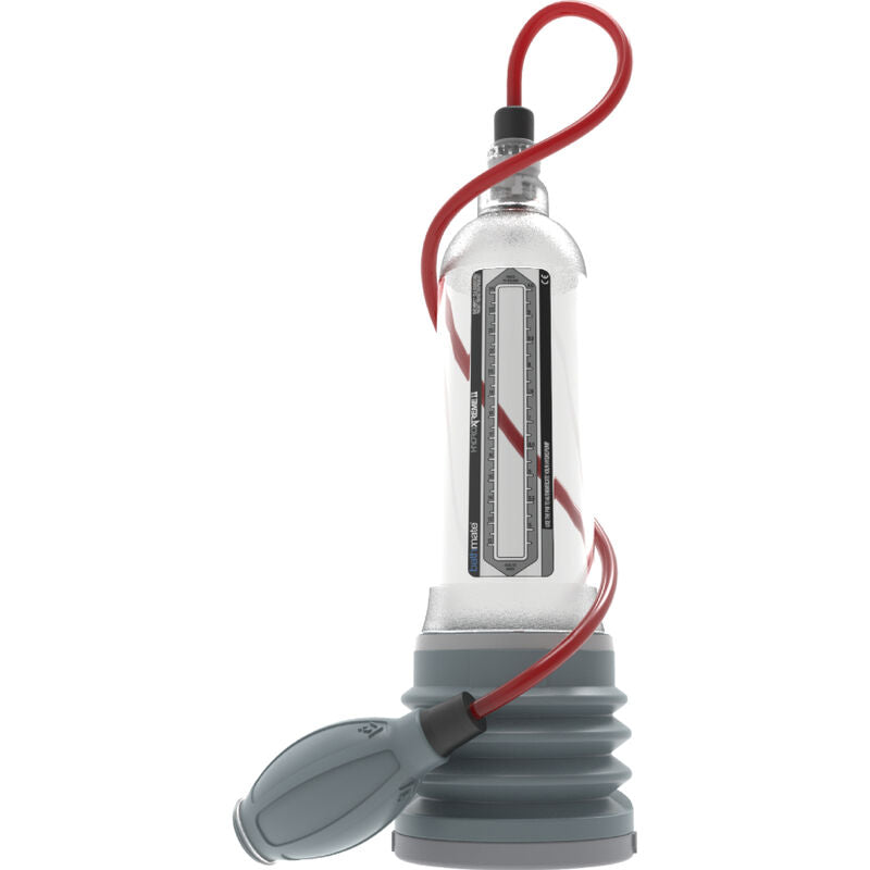 Pompe penienne Bathmate Hydroxtreme 11 transparente vue de profil avec poire de handball rouge et soufflet gris, mecanisme de contraction hydraulique extreme