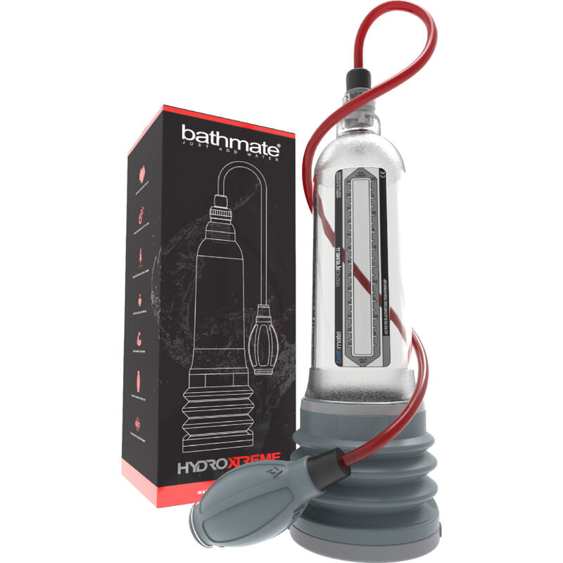 Coffret Bathmate Hydroxtreme 11 avec pompe hydraulique transparente la plus puissante de la gamme, poire de pression rouge et soufflet gris pour contraction maximale