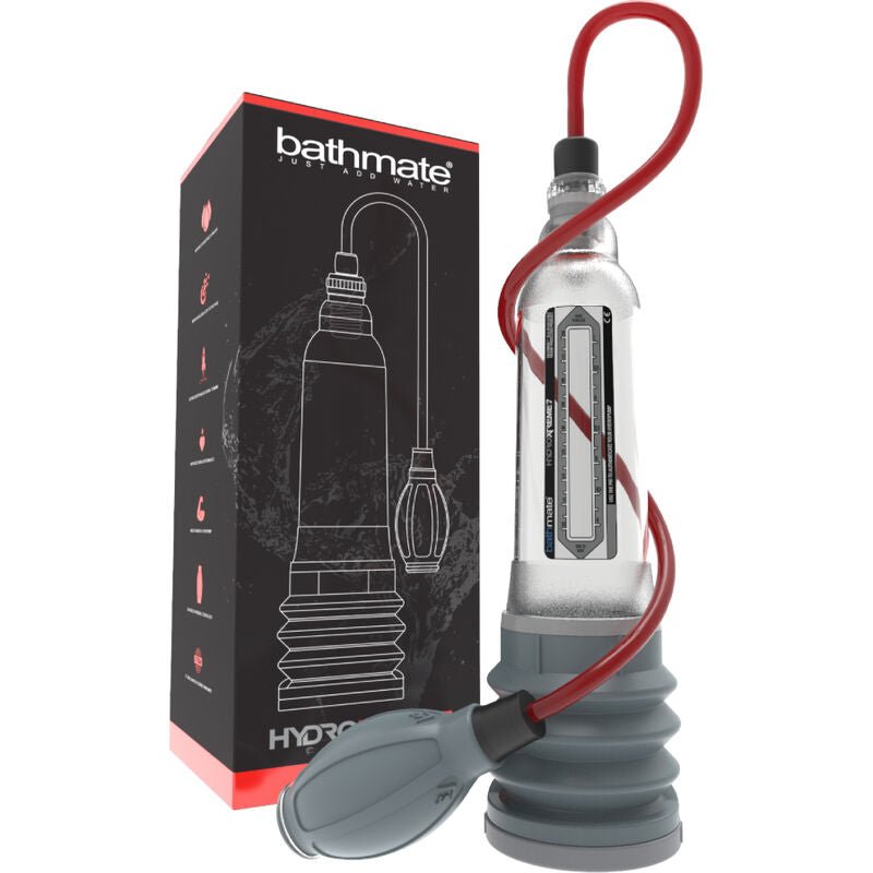 Boite et pompe Bathmate Hydroxtreme 7 en silicone transparent avec poire de pression rouge, coussin confort et cylindre gradue pour aspiration hydraulique en eau chaude
