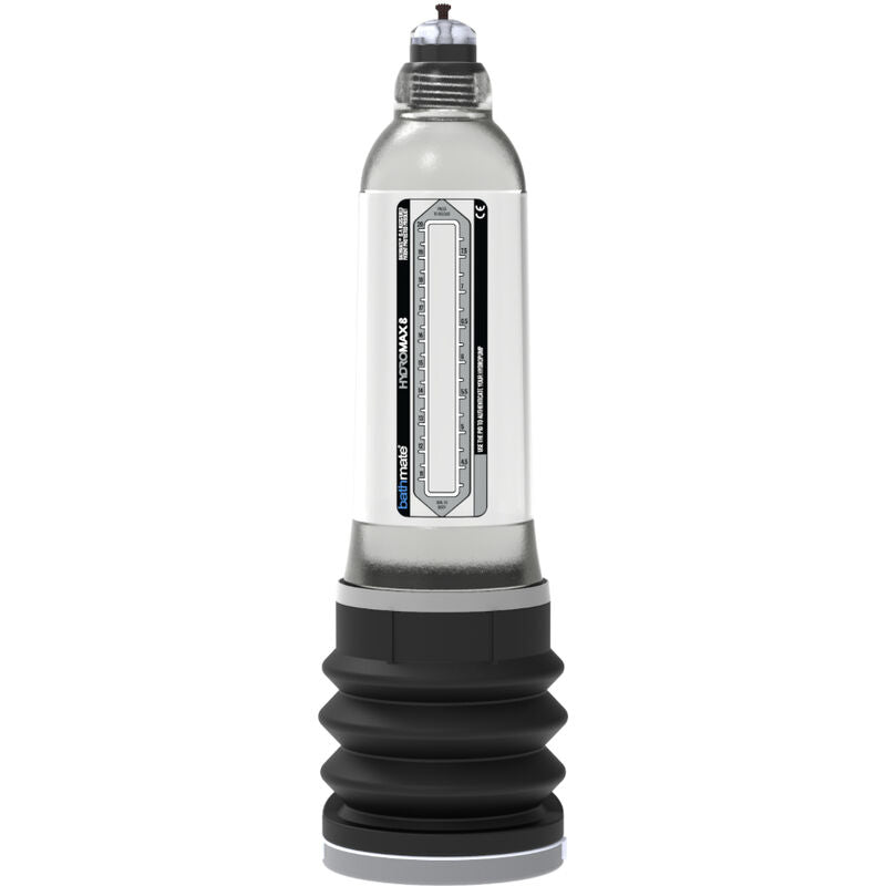 Pompe à pénis Hydromax 8 Bathmate seule en gros plan, cylindre acrylique transparent gradué et base à soufflet noire, pour gain de longueur à la pression d'eau.