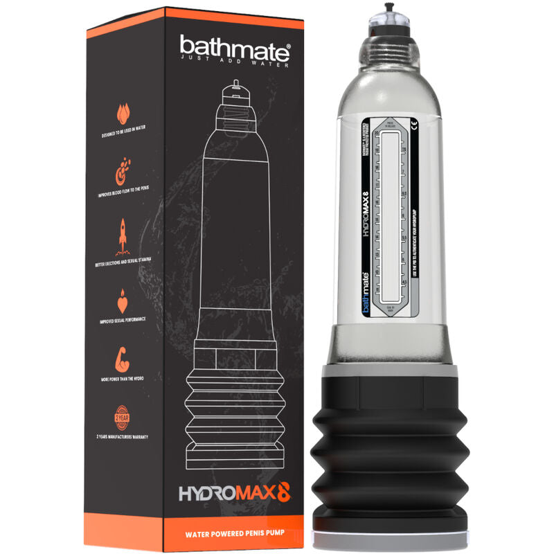 Pompe à pénis hydraulique Hydromax 8 Bathmate transparente présentée à côté de sa boîte orange, cylindre gradué et soufflet noir, fonctionnement à l'eau pour le bain ou la douche.