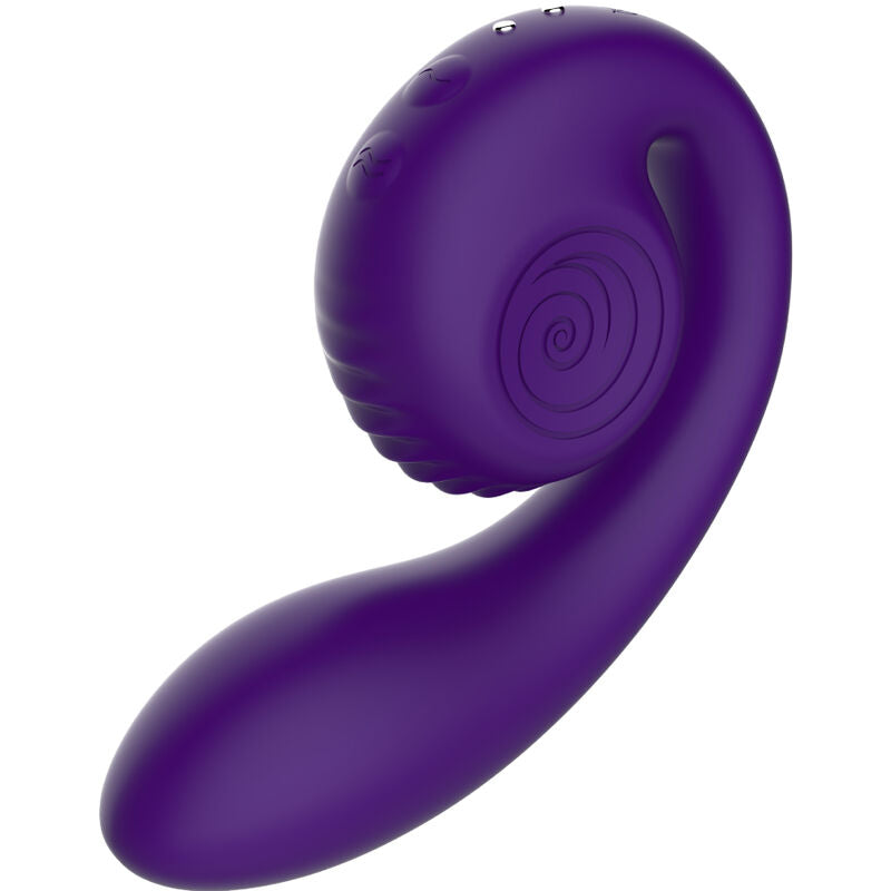Stimulateur Gizi violet de face, tete en spirale enroulee et tige incurvee en silicone medical, deux moteurs independants pour stimuler clitoris et zone vaginale.