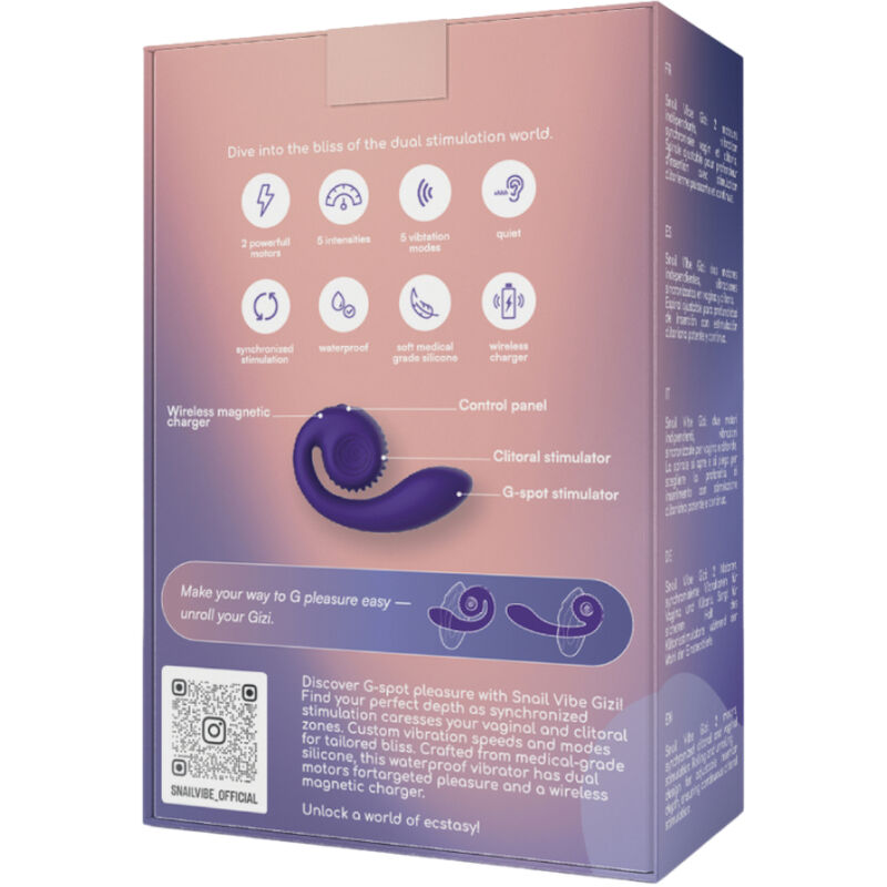 Dos de boite Gizi violette avec pictogrammes fonctions et schema du stimulateur spirale, emballage du double stimulateur clitoridien et vaginal en silicone medical.